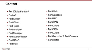 4
▪ FortiGate/FortiWiFi
▪ FortiAP
▪ FortiSwitch
▪ FortiClient
▪ FortiToken
▪ FortiAnalyzer
▪ FortiManager
▪ FortiAuthenticator
▪ FortiDDoS
▪ FortiMail
▪ FortiWeb
▪ FortiSandbox
▪ FortiADC
▪ FortiWAN
▪ FortiCache
▪ FortiSIEM
▪ FortiCASB
▪ FortiRecorder & FortiCamera
▪ FortiTester
Content
 