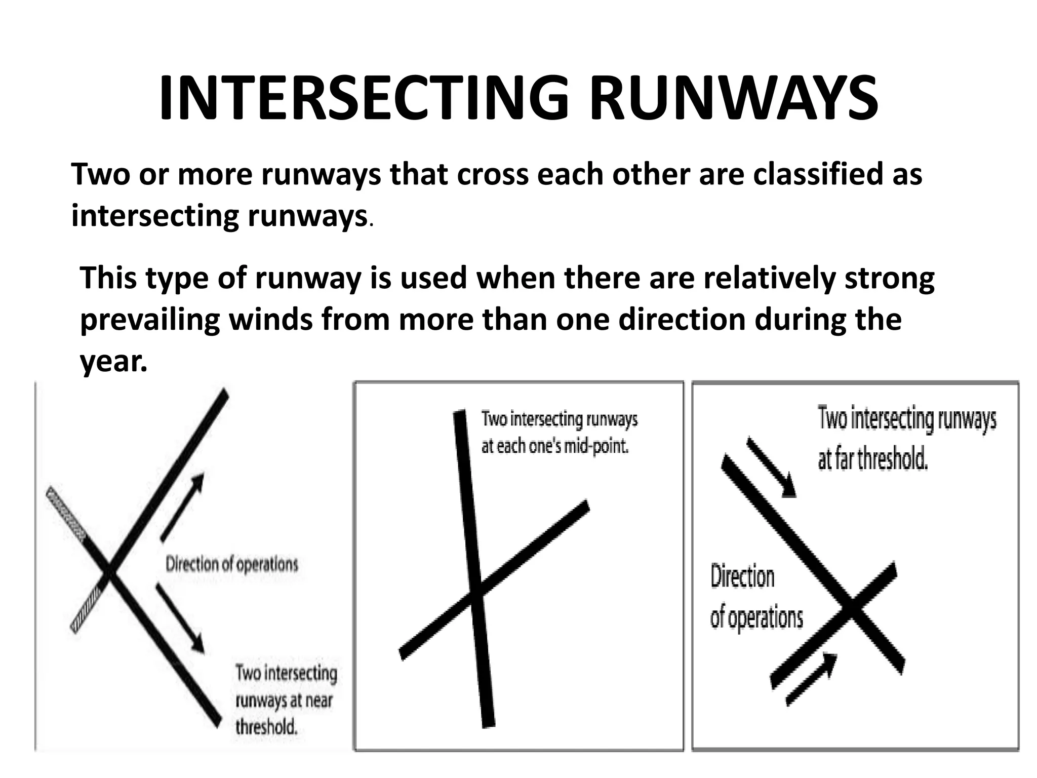 INTERSECTING RUNWAYS
Two or more runways that cross each other are classified as
intersecting runways.
This type of runway is used when there are relatively strong
prevailing winds from more than one direction during the
year.
 