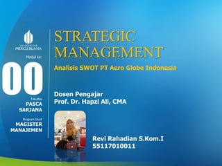 Modul ke:
Fakultas
Program Studi
STRATEGIC
MANAGEMENT
Analisis SWOT PT Aero Globe Indonesia
Dosen Pengajar
Prof. Dr. Hapzi Ali, CMA
00PASCA
SARJANA
MAGISTER
MANAJEMEN
Revi Rahadian S.Kom.I
55117010011
 