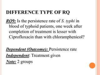 DIFFERENCE TYPE OF RQ
RQ9: Is the persistence rate of S. typhi in
blood of typhoid patients, one week after
completion of treatment is lesser with
Ciprofloxacin than with chloramphenicol?
Dependent (Outcome): Persistence rate
Independent: Treatment given
Note: 2 groups
 