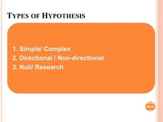 TYPES OF HYPOTHESIS
1. Simple/ Complex
2. Directional / Non-directional
3. Null/ Research
Rese
arch
Meth
odol
ogy
 