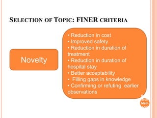 SELECTION OF TOPIC: FINER CRITERIA
Novelty
• Reduction in cost
• Improved safety
• Reduction in duration of
treatment
• Reduction in duration of
hospital stay
• Better acceptability
• Filling gaps in knowledge
• Confirming or refuting earlier
observations
Rese
arch
Meth
odol
ogy
 