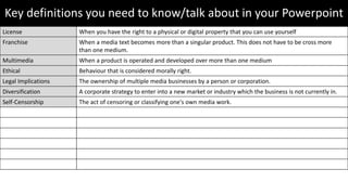 License When you have the right to a physical or digital property that you can use yourself
Franchise When a media text becomes more than a singular product. This does not have to be cross more
than one medium.
Multimedia When a product is operated and developed over more than one medium
Ethical Behaviour that is considered morally right.
Legal Implications The ownership of multiple media businesses by a person or corporation.
Diversification A corporate strategy to enter into a new market or industry which the business is not currently in.
Self-Censorship The act of censoring or classifying one's own media work.
Key definitions you need to know/talk about in your Powerpoint
 