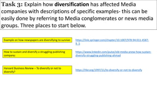 Task 3: Explain how diversification has affected Media
companies with descriptions of specific examples- this can be
easily done by referring to Media conglomerates or news media
groups. Three places to start below.
https://link.springer.com/chapter/10.1007/978-94-011-4587-
9_5
Example on how newspapers are diversifying to survive:
https://www.linkedin.com/pulse/old-media-anew-how-sustain-
diversify-struggling-publishing-ahmad
How to sustain and diversify a struggling publishing
company:
https://hbr.org/1997/11/to-diversify-or-not-to-diversify
Harvard Business Review – To diversify or not to
diversify?
 