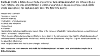 Task 4: Create a detailed case study or profile for two companies which are different (e.g a
multi-national and independent) from a sector of your choice. You can use tables and charts
where appropriate. For each company cover the following points:
•History and Overview
•Sources of Income
•Product diversity
•Profitability of product range
•Licenses and franchises
•Competitors
•Customers
•National and global competition and trends (How is the company effected by national and global competition and
trends? Who are its competitors?)
•What changes of structure and ownership have there been in the company and how has this effected production?
•Have there been changes in the industry as a whole that have effected the company? (e.g the advent of satellite TV,
the advent of 3D cinema)
•How has production and distribution changed and why?
Refer to the case study example and make detailed comparisons between clear, elucidated examples for a
distinction grade.
 