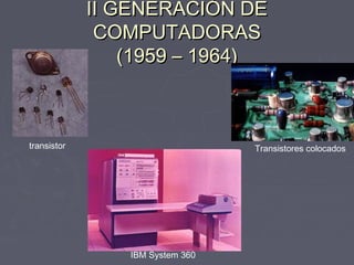 II GENERACIÓN DEII GENERACIÓN DE
COMPUTADORASCOMPUTADORAS
(1959 – 1964)(1959 – 1964)
transistor Transistores colocados
IBM System 360
 