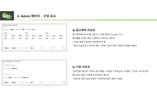 6. Admin 페이지 _ 구성 요소
⑩ 광고계약 리포트
광고계약에서의 전체 노출 수 / 전체 클릭수(=action 수) /
클릭률을 리포트 확인 시점에서 보여주는 페이지
* GA로 대체 가능한지 여부를 분석 중
* 광고가 들어오기 전까진 봉인 / 현재 기능이 정상 구동되지 않음(170803)
⑪ 기부 리포트
기부콘텐츠에서의 기부자 수의 총합 / 적립된 기부포인트 의 총합 / 1인당 기부 포인트
를 리포트 확인 시점에서 보여주는 페이지.
* NGO의 경우 NGO ID에서 기부리포트에서 확인 가능함.
 