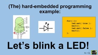 70 / 115
(The) hard-embedded programming
example:
Let’s blink a LED!
for(;;){
led.set( true );
wait();
led.set( false );
wait();
};
 