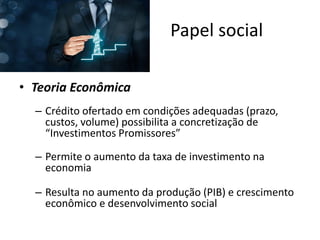 • Teoria Econômica
– Crédito ofertado em condições adequadas (prazo,
custos, volume) possibilita a concretização de
“Investimentos Promissores”
– Permite o aumento da taxa de investimento na
economia
– Resulta no aumento da produção (PIB) e crescimento
econômico e desenvolvimento social
Papel social
 