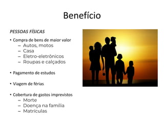 Benefício
PESSOAS FÍSICAS
• Compra de bens de maior valor
–
–
–
–
• Pagamento de estudos
• Viagem de férias
• Cobertura de gastos imprevistos
–
–
–
 