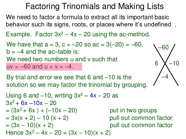 1 0 factoring trinomials the ac method and making lists t