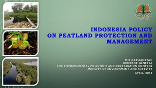 INDONESIA POLICY
ON PEATLAND PROTECTION AND
MANAGEMENT
M.R KARLIANSYAH
DIRECTOR GENERAL
FOR ENVIRONMENTAL POLLUTION AND DE...
