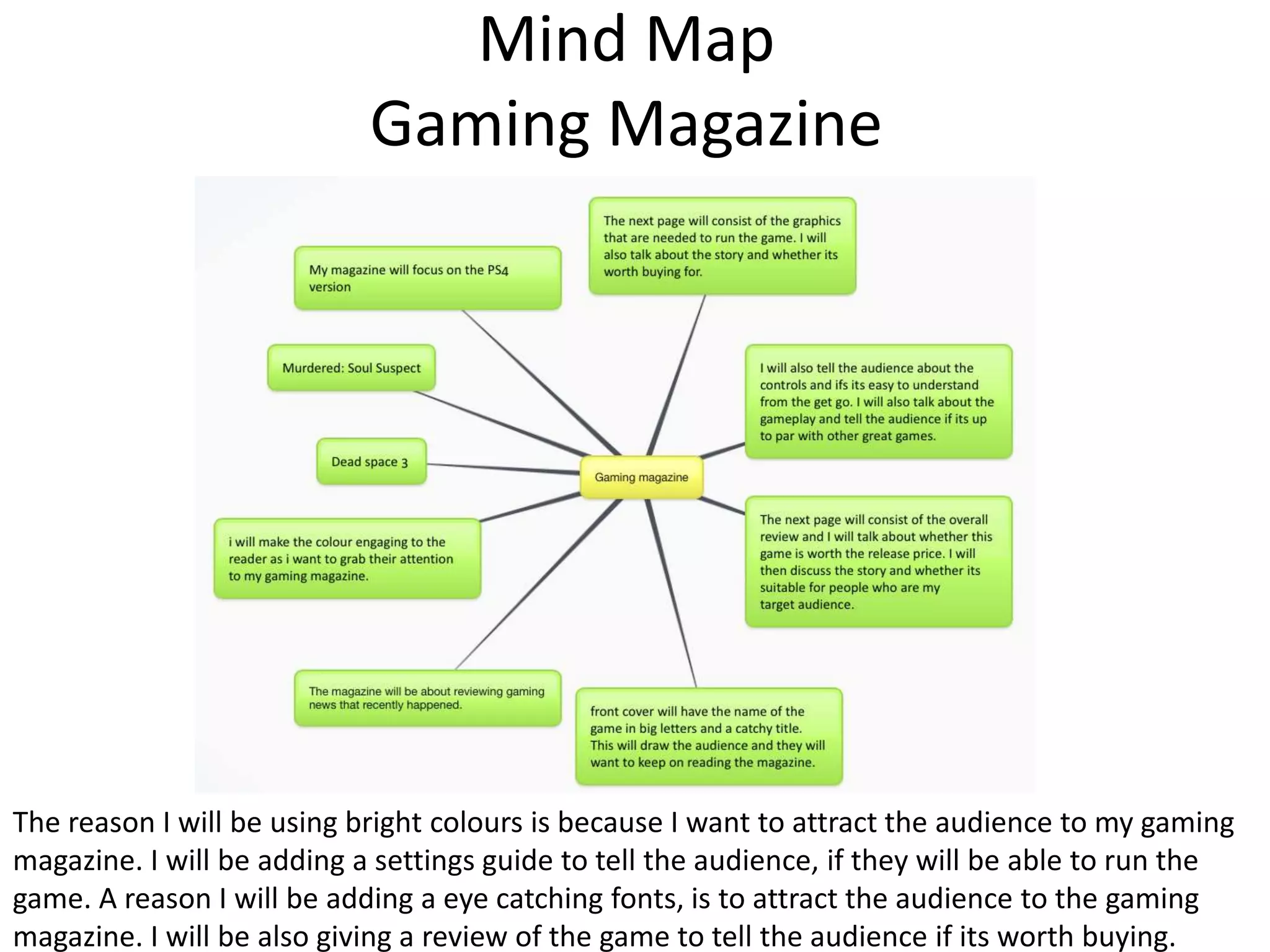 Mind Map
Gaming Magazine
The reason I will be using bright colours is because I want to attract the audience to my gaming
magazine. I will be adding a settings guide to tell the audience, if they will be able to run the
game. A reason I will be adding a eye catching fonts, is to attract the audience to the gaming
magazine. I will be also giving a review of the game to tell the audience if its worth buying.
 