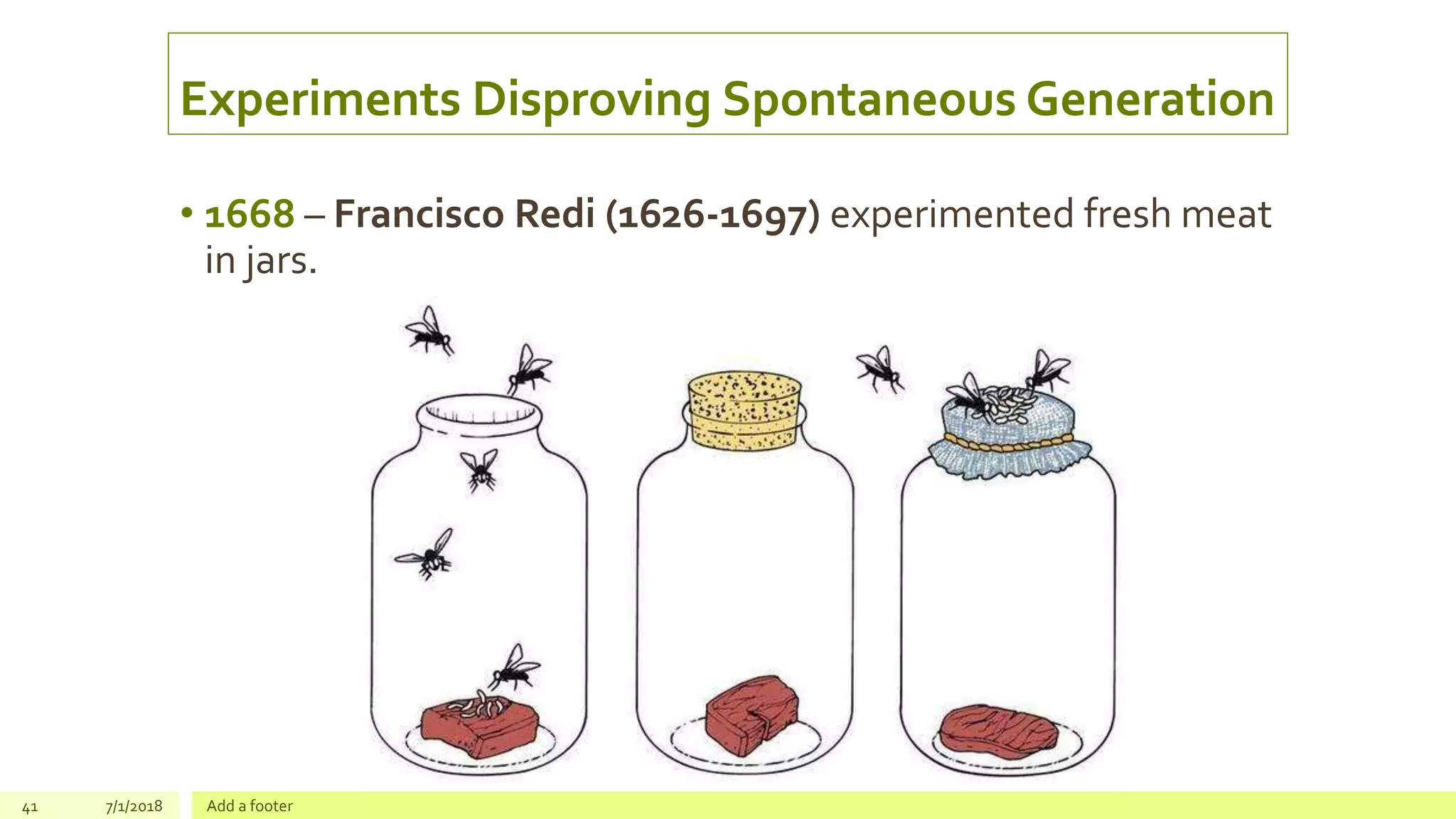 Experiments Disproving Spontaneous Generation
• 1668 – Francisco Redi (1626-1697) experimented fresh meat
in jars.
41 7/1/2018 Add a footer
 