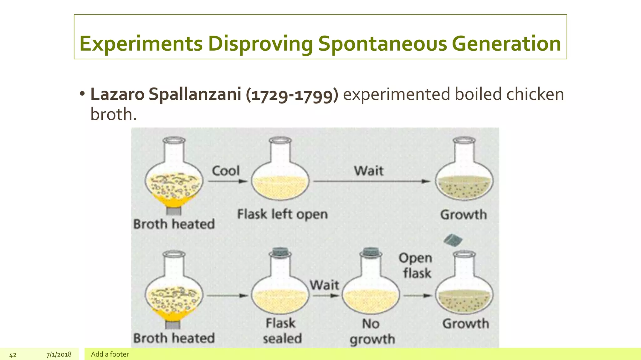 Experiments Disproving Spontaneous Generation
• Lazaro Spallanzani (1729-1799) experimented boiled chicken
broth.
42 7/1/2018 Add a footer
 