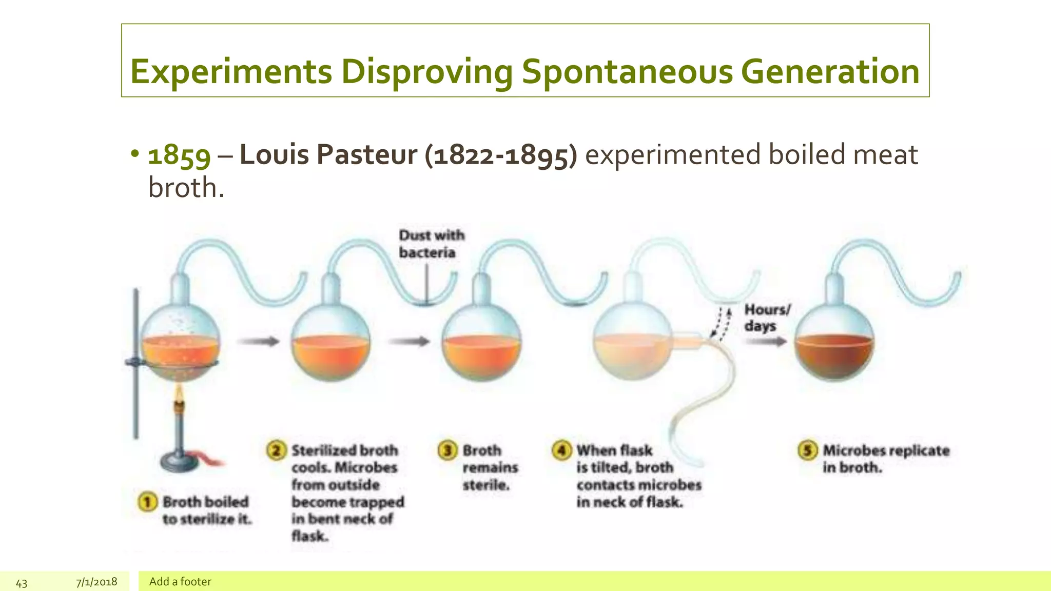 Experiments Disproving Spontaneous Generation
• 1859 – Louis Pasteur (1822-1895) experimented boiled meat
broth.
43 7/1/2018 Add a footer
 