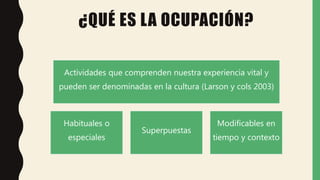 ¿QUÉ ES LA OCUPACIÓN?
Actividades que comprenden nuestra experiencia vital y
pueden ser denominadas en la cultura (Larson y cols 2003)
Habituales o
especiales
Superpuestas
Modificables en
tiempo y contexto
 
