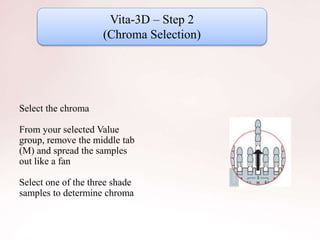 Vita-3D – Step 2
(Chroma Selection)
Select the chroma
From your selected Value
group, remove the middle tab
(M) and spread the samples
out like a fan
Select one of the three shade
samples to determine chroma
 
