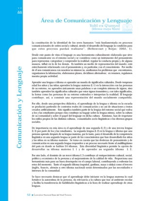 ComunicaciónyLenguaje
5252
Área de Comunicación y Lenguaje
La constitución de la identidad de los seres humanos “está fundamentada en procesos
comunicacionales de orden social y cultural, siendo el desarrollo del lenguaje la condición para
que estos procesos puedan realizarse”. (Bethencourt y Borjas: 2002, 1).
Desde este punto de vista el lenguaje es una herramienta culturalmente elaborada que sirve
para comunicarse en el entorno social y se considera como un instrumento del pensamiento
para representar, categorizar y comprender la realidad, regular la conducta propia y, de alguna
manera, influir en la de los demás. Es también un medio de representación del mundo; está
estrechamente relacionado con el pensamiento y, en particular, con el conocimiento. Por medio
de él nos comunicamos con nosotros/as mismos/as, analizamos los problemas que encontramos,
organizamos la información, elaboramos planes, decidimos alternativas; en resumen, regulamos
nuestra propia actividad.
Aprender una lengua o idioma es aprender un mundo de significados culturales. Desde temprana
edad los niños y las niñas aprenden la lengua materna (L 1) en la interacción con las personas
de su entorno, no aprenden únicamente unas palabras o un completo sistema de signos, sino
también aprenden los significados culturales que estos signos transmiten y, con tales significados,
la forma como las personas de su entorno entienden e interpretan la realidad. El lenguaje
contribuye, así, a construir una representación del mundo socialmente compartida.
Por ello, desde una perspectiva didáctica, el aprendizaje de la lengua o idioma en la escuela
se producirá partiendo de contextos reales de comunicación y no así de situaciones y textos
creados artificialmente. Esto significa también partir de la lengua del entorno social que rodea
a los y las estudiantes porque ésta constituye su bagaje sobre la lengua misma, sobre la cultura
de su comunidad y sobre el papel del lenguaje en dicha cultura. Asimismo, han de respetarse
los estilos propios de las distintas culturas, comunidades socio-lingüísticas o los diversos grupos
sociales.
De importancia en esta área es el aprendizaje de una segunda (L 2) y de una tercera lengua
(L 3) por parte de los y las estudiantes. La segunda lengua (L 2) es la lengua o idioma que una
persona aprende después de su lengua materna, por lo tanto, para el desarrollo de la competencia
lingüística en una segunda lengua se parte de los conocimientos que han desarrollado los niños
y las niñas en su idioma materno. Se toma en cuenta que las destrezas de pensamiento y de
comunicación en una segunda lengua responden a un proceso necesario frente al multilingüismo
del país en donde se hablan 24 idiomas. Esta diversidad lingüística permite la opción de
desarrollar su idioma materno L 1 y de aprender un segundo idioma L 2.
Por otro lado, el dominio de un tercer idioma L 3 contribuye al enriquecimiento cultural, social,
político y económico de la persona y al mejoramiento de la calidad de vida. Proporciona una
herramienta más para un buen desempeño en el campo laboral, contribuyendo a enfrentar los
retos del momento. Tanto el segundo idioma (español, garífuna, maya o xinka) como el tercero
(inglés, francés, alemán u otro idioma nacional) serán determinados por las necesidades e
intereses de la comunidad.
Se hace necesario destacar que el aprendizaje debe iniciarse en la lengua materna lo cual
fortalece la autoestima de la persona, da relevancia a la cultura que trae al ambiente escolar
y facilita la transferencia de habilidades lingüísticas a la hora de realizar aprendizaje de otras
lenguas.
La constitución de la identidad de los seres humanos “está fundamentada en procesos
comunicacionales de orden social y cultural, siendo el desarrollo del lenguaje la condición para
que estos procesos puedan realizarse”. (Bethencourt y Borjas: 2002, 1).
Desde este punto de vista el lenguaje es una herramienta culturalmente elaborada que sirve
para comunicarse en el entorno social y se considera como un instrumento del pensamiento
para representar, categorizar y comprender la realidad, regular la conducta propia y, de alguna
manera, influir en la de los demás. Es también un medio de representación del mundo; está
estrechamente relacionado con el pensamiento y, en particular, con el conocimiento. Por medio
de él nos comunicamos con nosotros/as mismos/as, analizamos los problemas que encontramos,
organizamos la información, elaboramos planes, decidimos alternativas; en resumen, regulamos
nuestra propia actividad.
Aprender una lengua o idioma es aprender un mundo de significados culturales. Desde temprana
edad los niños y las niñas aprenden la lengua materna (L 1) en la interacción con las personas
de su entorno, no aprenden únicamente unas palabras o un completo sistema de signos, sino
también aprenden los significados culturales que estos signos transmiten y, con tales significados,
la forma como las personas de su entorno entienden e interpretan la realidad. El lenguaje
contribuye, así, a construir una representación del mundo socialmente compartida.
Por ello, desde una perspectiva didáctica, el aprendizaje de la lengua o idioma en la escuela
se producirá partiendo de contextos reales de comunicación y no así de situaciones y textos
creados artificialmente. Esto significa también partir de la lengua del entorno social que rodea
a los y las estudiantes porque ésta constituye su bagaje sobre la lengua misma, sobre la cultura
de su comunidad y sobre el papel del lenguaje en dicha cultura. Asimismo, han de respetarse
los estilos propios de las distintas culturas, comunidades socio-lingüísticas o los diversos grupos
sociales.
De importancia en esta área es el aprendizaje de una segunda (L 2) y de una tercera lengua
(L 3) por parte de los y las estudiantes. La segunda lengua (L 2) es la lengua o idioma que una
persona aprende después de su lengua materna, por lo tanto, para el desarrollo de la competencia
lingüística en una segunda lengua se parte de los conocimientos que han desarrollado los niños
y las niñas en su idioma materno. Se toma en cuenta que las destrezas de pensamiento y de
comunicación en una segunda lengua responden a un proceso necesario frente al multilingüismo
del país en donde se hablan 24 idiomas. Esta diversidad lingüística permite la opción de
desarrollar su idioma materno L 1 y de aprender un segundo idioma L 2.
Por otro lado, el dominio de un tercer idioma L 3 contribuye al enriquecimiento cultural, social,
político y económico de la persona y al mejoramiento de la calidad de vida. Proporciona una
herramienta más para un buen desempeño en el campo laboral, contribuyendo a enfrentar los
retos del momento. Tanto el segundo idioma (español, garífuna, maya o xinka) como el tercero
(inglés, francés, alemán u otro idioma nacional) serán determinados por las necesidades e
intereses de la comunidad.
Se hace necesario destacar que el aprendizaje debe iniciarse en la lengua materna lo cual
fortalece la autoestima de la persona, da relevancia a la cultura que trae al ambiente escolar
y facilita la transferencia de habilidades lingüísticas a la hora de realizar aprendizaje de otras
lenguas.
Yolil ex Q'umyol
(Idioma maya Mam)
 