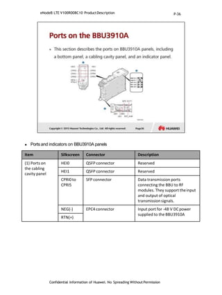  Ports and indicators on BBU3910A panels
Confidential Information of Huawei. No Spreading WithoutPermission
Item Silkscreen Connector Description
(1) Ports on
the cabling
cavity panel
HEI0 QSFP connector Reserved
HEI1 QSFP connector Reserved
CPRI0to
CPRI5
SFP connector Data transmission ports
connecting the BBU to RF
modules. They support theinput
and output of optical
transmissionsignals.
NEG(-) EPC4 connector Input port for -48 V DCpower
supplied to the BBU3910A
RTN(+)
eNodeB LTE V100R008C10 ProductDescription P-36
 