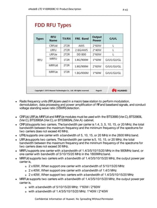 Radio frequency units (RFUs)are used in a macro base station to perform modulation,
demodulation, data processing and power amplification of RFand baseband signals, and conduct
voltage standing wave ratio (VSWR)detection.
 CRFUd,LRFUe,MRFUdand MRFUemodules must be used with the BTS3900(Ver.C),BTS3900L
(Ver.C),BTS3900A (Ver.C),or BTS3900AL(Ver.A) cabinet.
 CRFUdsupports two carriers. Thebandwidth per carrier is 1.4, 3, 5, 10, 15, or 20 MHz; the total
bandwidth between the maximum frequency and the minimum frequency of the spectrums for
two carriers does not exceed 40 MHz.
 LFRUsupports one carrier with abandwidth of 5, 10, 15, or 20 MHz in the 2600 MHz band.
 LRFUesupports two carriers. Thebandwidth per carrier is 5, 10, 15, or 20 MHz; the total
bandwidth between the maximum frequency and the minimum frequency of the spectrums for
two carriers does not exceed 30 MHz.
 MRFUsupports one carrier with abandwidth of 1.4/3/5/10/15/20 MHz in the 900MHz band, or
one carrier with bandwidth of 5/10/15/20 MHz in the 1800MHzband.
 MRFUdsupports two carriers with a bandwidth of 1.4/3/5/10/15/20 MHz, the output power per
carrier is,
 2 x 60W, When support one carrier with abandwidth of 5/10/15/20 MHz
 2 x 40W, When support one carrier with abandwidth of 1.4/3 MHz
 2 x 40W, When support two carriers with abandwidth of 1.4/3/5/10/15/20 MHz
 MRFUesupports two carriers with a bandwidth of 1.4/3/5/10/15/20 MHz, the output power per
carrier is,
 with abandwidth of 5/10/15/20 MHz: 1*60W / 2*60W
 with abandwidth of 1.4/3/5/10/15/20 MHz: 1*40W / 2*40W
Confidential Information of Huawei. No Spreading WithoutPermission
eNodeB LTE V100R008C10 ProductDescription P-43
 