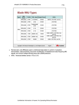  Remoteradio units (RRUs)are usedin adistributed basestation to perform modulation,
demodulation, data processing, and power amplification of basebandand radio frequency (RF)
signals, and conduct voltage standing wave ratio (VSWR) detection.
 AWS：Advancedwireless service 1.7G or 2.1G
Confidential Information of Huawei. No Spreading WithoutPermission
eNodeB LTE V100R008C10 ProductDescription P-56
 