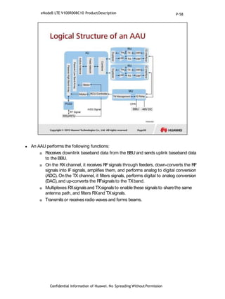  An AAU performs the following functions:
 Receives downlink baseband data from the BBU and sends uplink baseband data
to the BBU.
 On the RX channel, it receives RFsignals through feeders, down-converts the RF
signals into IF signals, amplifies them, and performs analog to digital conversion
(ADC). On the TX channel, it filters signals, performs digital to analog conversion
(DAC),and up-converts the RFsignals to the TXband.
 Multiplexes RXsignals and TXsignals to enable these signals to sharethe same
antenna path, and filters RXand TXsignals.
 Transmitsor receives radio waves and forms beams.
Confidential Information of Huawei. No Spreading WithoutPermission
eNodeB LTE V100R008C10 ProductDescription P-58
 