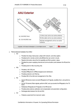  Thefunctional modules of an AAU:
 AU
 Provides AU arrays, feed power, phase shift network, and drive system.
 Providesbuilt-in remote control units (RCUs) that can control circuits.
 Reports information about the AU capability and RUin-position status.
 Providesthe power supplying channel and communication ports between the RUand the
MU.
 Providesports for AAU mounting kits.
 MU
 Providesa-48 VDCport.
 ProvidesCPRIports for CPRIconvergence and distribution.
 Providesprotection and filtering.
 ProvidesOM of the AAU and management of the RUs.
 RU
 On the RXchannel, down-converts RFsignalsinto IFsignals, amplifies them, and performs
ADC.
 On the TXchannel, filters signals, performs DAC, and up-converts the RFsignalsto the TX
band.
 Multiplexes RXsignalsand TXsignalson the RFchannel.
 Providesactive antenna calibration and compensation and parameter configuration.
 Exchangesdata between the AU and MU.
 CU
 Protects avacant slot from dust and water.
Confidential Information of Huawei. No Spreading WithoutPermission
eNodeB LTE V100R008C10 ProductDescription P-59
 