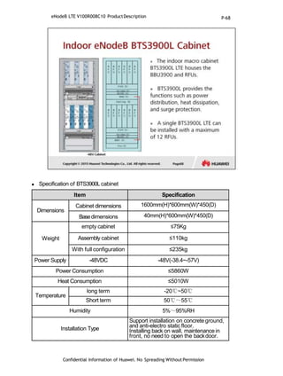  Specification of BTS3900Lcabinet
Confidential Information of Huawei. No Spreading WithoutPermission
Item Specification
Dimensions
Cabinet dimensions 1600mm(H)*600mm(W)*450(D)
Basedimensions 40mm(H)*600mm(W)*450(D)
Weight
empty cabinet ≤75Kg
Assembly cabinet ≤110kg
With full configuration ≤235kg
Power Supply -48VDC -48V(-38.4~-57V)
Power Consumption ≤5860W
Heat Consumption ≤5010W
Temperature
long term -20℃~50℃
Short term 50℃～55℃
Humidity 5%～95%RH
Installation Type
Support installation on concrete ground,
and anti-electro static floor.
Installing back on wall, maintenancein
front, no need to open the backdoor.
eNodeB LTE V100R008C10 ProductDescription P-68
 