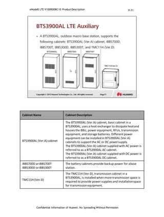Cabinet Name Cabinet Description
BTS3900AL (Ver.A) cabinet
The BTS3900AL (Ver.A) cabinet, basic cabinet in a
BTS3900AL, uses a heat exchanger to dissipate heatand
houses the BBU, power equipment, RFUs, transmission
equipment, and storage batteries. Different power
equipment can be installed in BTS3900AL (Ver.A)
cabinets to support the AC or DC powersupply.
The BTS3900AL (Ver.A) cabinet supplied with AC power is
referred to as a BTS3900AL AC cabinet.
The BTS3900AL (Ver.A) cabinet supplied with DC power is
referred to as a BTS3900AL DC cabinet.
IBBS700D orIBBS700T
IBBS300D orIBBS300T
The battery cabinets provide backup power for abase
station.
TMC11H (Ver.D)
The TMC11H (Ver.D), transmission cabinet in a
BTS3900AL, is installed when more transmission space is
required to provide power supplies and installationspace
for transmissionequipment.
Confidential Information of Huawei. No Spreading WithoutPermission
eNodeB LTE V100R008C10 ProductDescription P-71
 