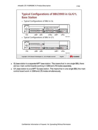  GLbasestation is aseparate-MPT basestation. This meansthat in one single BBU,there
are two main control boards working in GSMand LTEmodesseparately.
 G*Lbase station is a co-MPT GLbase station. This meansthat in one single BBU,the main
control board work in GSMand LTEmodessimultaneously.
Confidential Information of Huawei. No Spreading WithoutPermission
eNodeB LTE V100R008C10 ProductDescription P-90
 