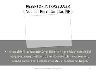 • NR adalah kelas reseptor yang diaktifkan ligan faktor transkripsi
yang akan menghasilkan up atau down regulasi ekspresi gen.
• Berada didalam sel ( sitoplasma) atau di nukleus sel target.
RESEPTOR INTRASELULER
( Nuclear Receptor atau NR )
The Power of PowerPoint | thepopp.com 5
 