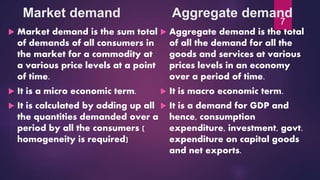 Market demand Aggregate demand
 Market demand is the sum total
of demands of all consumers in
the market for a commodity at
a various price levels at a point
of time.
 It is a micro economic term.
 It is calculated by adding up all
the quantities demanded over a
period by all the consumers (
homogeneity is required)
 Aggregate demand is the total
of all the demand for all the
goods and services at various
prices levels in an economy
over a period of time.
 It is macro economic term.
 It is a demand for GDP and
hence, consumption
expenditure, investment, govt.
expenditure on capital goods
and net exports.
7
 