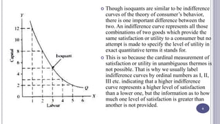  Though isoquants are similar to be indifference
curves of the theory of consumer’s behavior,
there is one important difference between the
two. An indifference curve represents all those
combinations of two goods which provide the
same satisfaction or utility to a consumer but no
attempt is made to specify the level of utility in
exact quantitative terms it stands for.
 This is so because the cardinal measurement of
satisfaction or utility in unambiguous thermos is
not possible. That is why we usually label
indifference curves by ordinal numbers as I, II,
III etc. indicating that a higher indifference
curve represents a higher level of satisfaction
than a lower one, but the information as to how
much one level of satisfaction is greater than
another is not provided.
6
 