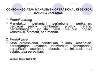 CONTOH KEGIATAN MANAJEMEN OPERASIONAL DI SEKTOR
BARANG DAN JASA.
1. Produk barang
Manufaktur, pertanian, perkebunan, perikanan,
berbagai pabrik pembuatan produk barang,
pertambangan, industri berat maupun ringan,
konstruksi, otomotif, perumahan.
2. Produk jasa
Jasa professional, pendidikan, hukum, kesehatan,
perdagangan, layanan masyarakat, transportasi,
perbankan, asuransi, hiburan, administrasi, real
estate, jasa perbaikan.
Sumber: Heizer (2004; 12)
9
 