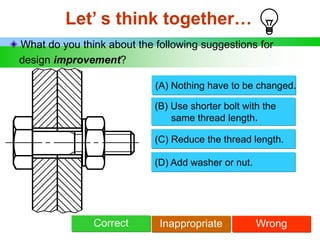 Let’ s think together…
What do you think about the following suggestions for
design improvement?
(B) Use shorter bolt with the
same thread length.
Correct
(C) Reduce the thread length.
Inappropriate Wrong
(D) Add washer or nut.
(A) Nothing have to be changed.
 