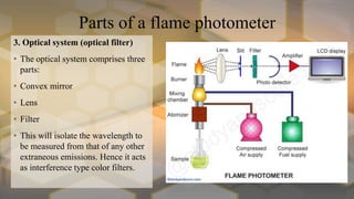 3. Optical system (optical filter)
• The optical system comprises three
parts:
• Convex mirror
• Lens
• Filter
• This will isolate the wavelength to
be measured from that of any other
extraneous emissions. Hence it acts
as interference type color filters.
Parts of a flame photometer
 