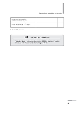 La VISIÓN en el Planeamiento Estratégico es la descripción detallada
del futuro de nuestra organización, es decir es la declaración de lo que
queremos para nuestra empresa, de lo que queremos construir para
ella, el “a dónde queremos llegar” en un determinado tiempo.
Ahora, recordemos por un momento nuestros años de colegio. Cuando íbamos a
terminar la secundaria, es casi seguro que todos nos poníamos a pensar en qué
queríamos hacer en el futuro, qué queríamos ser en el mañana. Nos imaginábamos
postulando a la Universidad, que ingresaríamos en tal fecha, que obtendríamos el
bachillerato para tal año, que nos graduaríamos en tal época, que haríamos el
SERUMS en tal año, que al año siguiente nos presentaríamos al Residentado (en el
caso de los médicos), que en tal año seríamos especialistas, etc. En la vida personal
también hemos hecho algo similar, para formar nuestra familia, los hijos, su educa-
ción, etc. Es decir constantemente estamos imaginando, diseñando lo que quere-
mos en el futuro para nosotros, para los nuestros.
Todos queremos tener un futuro libre de incertidumbres. A todos nos gusta un
futuro que hayamos diseñado acorde con nuestros intereses. ¿Es similar este deseo
para nuestras organizaciones?.
En efecto, cuando hablamos de Visión en el Planeamiento Estratégico, nos esta-
mos refiriendo a ver el futuro organizacional. Lo que se busca es imaginar, visualizar,
cómo será nuestra UPSS en el futuro, en un tiempo futuro que nosotros mismos
estimemos.
¿Qué es la VISIÓN?
Recordemos un conocido pasaje del cuento «Alicia en el País de las Maravillas».
(Ver recuadro, pág. 34). La frase es contundente: si no sabes a dónde quieres ir, «da
igual qué camino tomes».
Efectivamente, en nuestras organizaciones es frecuente no tener claro hacia donde
nos dirigimos, y solemos vivir el día a día de manera coyuntural, preocupados sólo
del presente.
La importancia de la VISION radica en que nos permitirá identificar claramente lo
que queremos lograr, lo que se deberá conseguir como fruto de nuestras acciones.
En otras palabras, todo lo que haga la organización en términos de su desarrollo
tiene que tener relación con ese futuro visionado. La VISION orientará nuestros
esfuerzos, dándole coherencia y sentido al accionar organizacional.
 