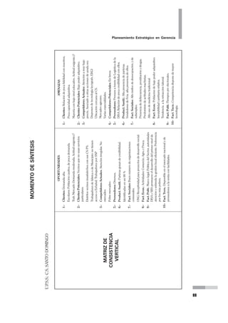 Planeamiento Estratégico en Gerencia
41
TRABAJO APLICATIVO N° 1
MOMENTO ENUNCIATIVO
Siguiendo lo revisado defina Usted, con su Equipo, enunciados de Misión y Visión de su
UPSS. Luego identifique los Productos de su organización.
U.P.S.S.:
Es importante ser consciente que al final del Momento Enunciativo se debe-
rá tener:
1. El documento redactado con la Misión y Visión de nuestra UPSS, y la
identificación de los respectivos Productos.
2. La interiorización de parte de todo el personal. Esto es fundamental.
El Momento Enunciativo es la fase del Planeamiento Estratégico que nece-
sariamente debe involucrar a todos en la organización. Los siguientes mo-
MISIÓN
1.
2.
3.
4.
PRODUCTOS
VISIÓN
 