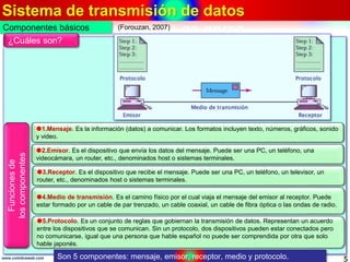 Sistema de transmisión de datos
5www.coimbraweb.com
Componentes básicos
Son 5 componentes: mensaje, emisor, receptor, medi...