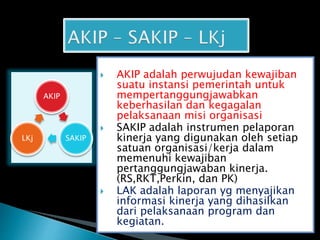  AKIP adalah perwujudan kewajiban
suatu instansi pemerintah untuk
mempertanggungjawabkan
keberhasilan dan kegagalan
pelaksanaan misi organisasi
 SAKIP adalah instrumen pelaporan
kinerja yang digunakan oleh setiap
satuan organisasi/kerja dalam
memenuhi kewajiban
pertanggungjawaban kinerja.
(RS,RKT,Perkin, dan PK)
 LAK adalah laporan yg menyajikan
informasi kinerja yang dihasilkan
dari pelaksanaan program dan
kegiatan.
AKIP
SAKIPLKj
 