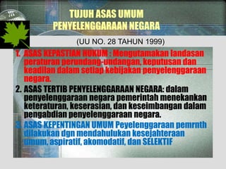 TUJUH ASAS UMUM
PENYELENGGARAAN NEGARA
1. ASAS KEPASTIAN HUKUM : Mengutamakan landasan
peraturan perundang-undangan, keputusan dan
keadilan dalam setiap kebijakan penyelenggaraan
negara.
2. ASAS TERTIB PENYELENGGARAAN NEGARA: dalam
penyelenggaraan negara pemerintah menekankan
keteraturan, keserasian, dan keseimbangan dalam
pengabdian penyelenggaraan negara.
3. ASAS KEPENTINGAN UMUM Peyelenggaraan pemrnth
dilakukan dgn mendahulukan kesejahteraan
umum, aspiratif, akomodatif, dan SELEKTIF
(UU NO. 28 TAHUN 1999)
 