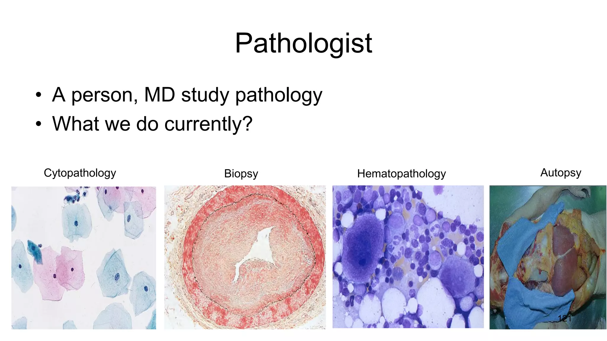 Pathologist
• A person, MD study pathology
• What we do currently?
Cytopathology Biopsy AutopsyHematopathology
121
 