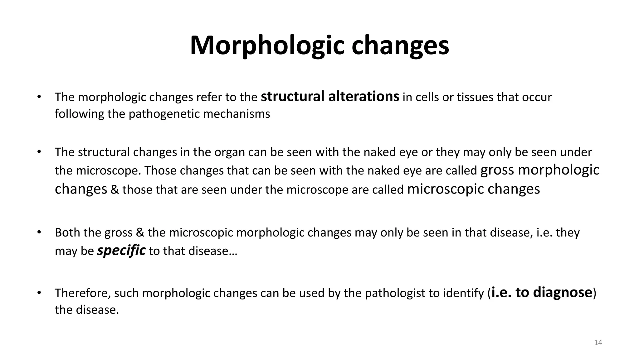 Morphologic changes
• The morphologic changes refer to the structural alterations in cells or tissues that occur
following the pathogenetic mechanisms
• The structural changes in the organ can be seen with the naked eye or they may only be seen under
the microscope. Those changes that can be seen with the naked eye are called gross morphologic
changes & those that are seen under the microscope are called microscopic changes
• Both the gross & the microscopic morphologic changes may only be seen in that disease, i.e. they
may be specific to that disease…
• Therefore, such morphologic changes can be used by the pathologist to identify (i.e. to diagnose)
the disease.
14
 