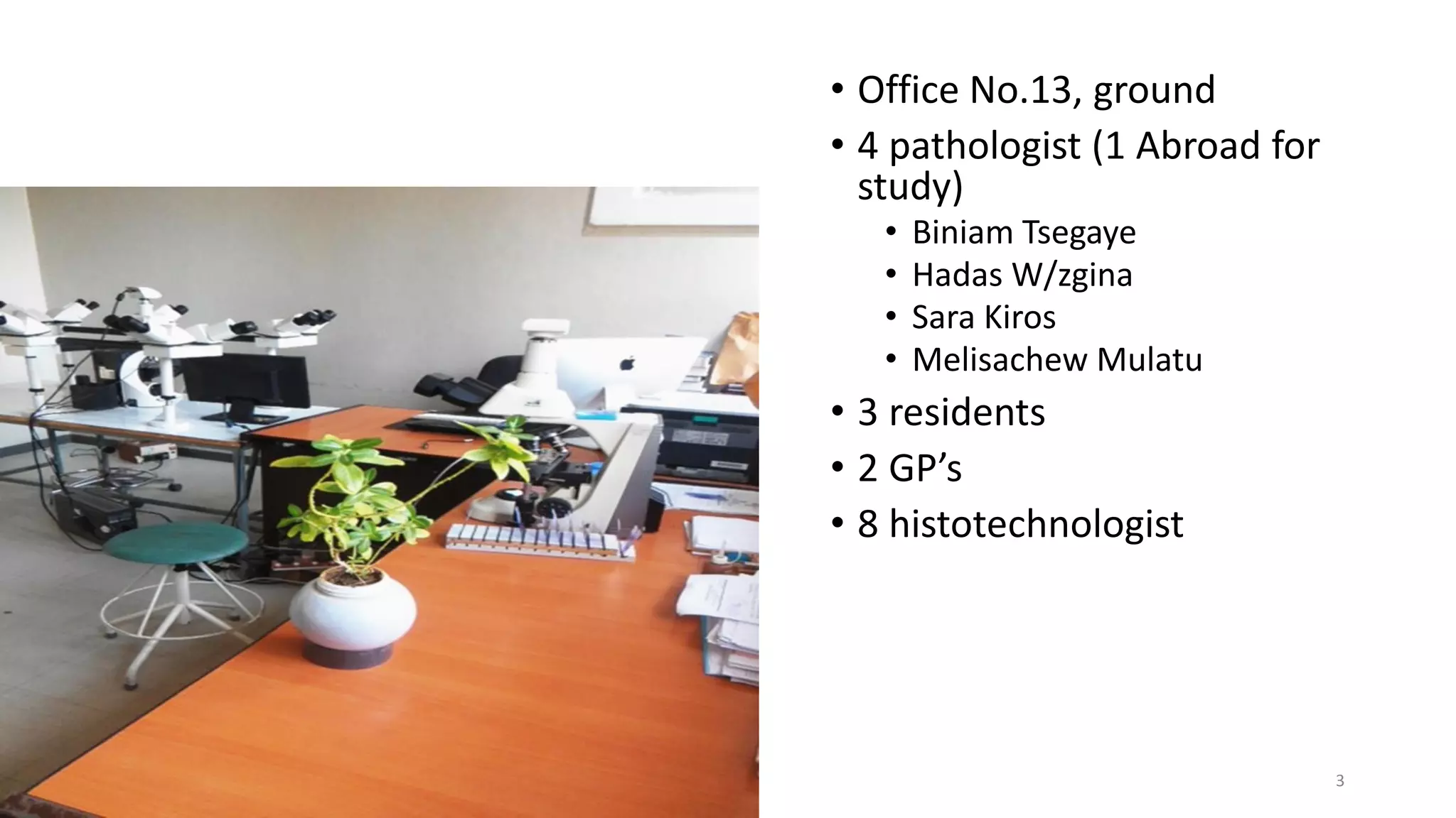 • Office No.13, ground
• 4 pathologist (1 Abroad for
study)
• Biniam Tsegaye
• Hadas W/zgina
• Sara Kiros
• Melisachew Mulatu
• 3 residents
• 2 GP’s
• 8 histotechnologist
3
 