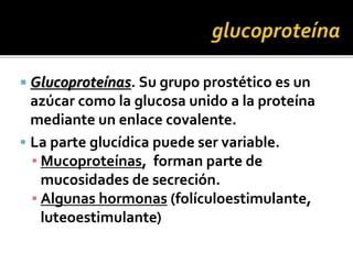  Glucoproteínas. Su grupo prostético es un
azúcar como la glucosa unido a la proteína
mediante un enlace covalente.
 La parte glucídica puede ser variable.
▪ Mucoproteínas, forman parte de
mucosidades de secreción.
▪ Algunas hormonas (folículoestimulante,
luteoestimulante)
 