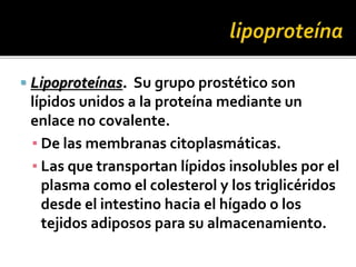  Lipoproteínas. Su grupo prostético son
lípidos unidos a la proteína mediante un
enlace no covalente.
▪ De las membranas citoplasmáticas.
▪ Las que transportan lípidos insolubles por el
plasma como el colesterol y los triglicéridos
desde el intestino hacia el hígado o los
tejidos adiposos para su almacenamiento.
 