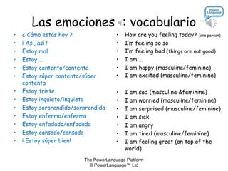 The PowerLanguage Platform
© PowerLanguage™ Ltd
Las emociones : vocabulario
• ¿ Cómo estás hoy ?
• ¡ Así, así !
• Estoy mal
• Estoy …
• Estoy contento/contenta
• Estoy súper contento/súper
contenta
• Estoy triste
• Estoy inquieto/inquieta
• Estoy sorprendido/sorprendida
• Estoy enfermo/enferma
• Estoy enfadado/enfadada
• Estoy cansado/cansada
• ¡ Estoy súper bien!
• How are you feeling today? (one person)
• I’m feeling so so
• I’m feeling bad (things are not good)
• I am …
• I am happy (masculine/feminine)
• I am excited (masculine/feminine)
• I am sad (masculine &feminine)
• I am worried (masculine/feminine)
• I am surprised (masculine/feminine)
• I am sick
• I am angry
• I am tired (masculine/feminine)
• I am feeling great (on top of the
world)
 