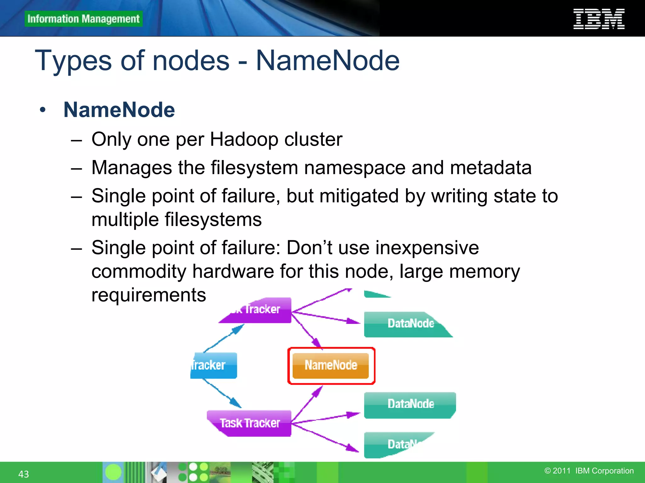 © 2011 IBM Corporation Types of nodes - NameNode 43 • NameNode – Only one per Hadoop cluster – Manages the filesystem namespace and metadata – Single point of failure, but mitigated by writing state to multiple filesystems – Single point of failure: Don’t use inexpensive commodity hardware for this node, large memory requirements 