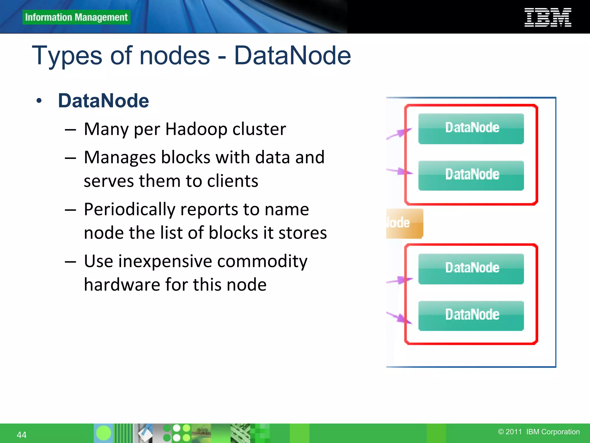 © 2011 IBM Corporation Types of nodes - DataNode 44 • DataNode – Many per Hadoop cluster – Manages blocks with data and serves them to clients – Periodically reports to name node the list of blocks it stores – Use inexpensive commodity hardware for this node 